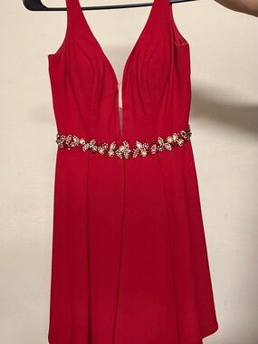 Cinderella Red V-Neck Prom Dress with Crystal Floral Waist